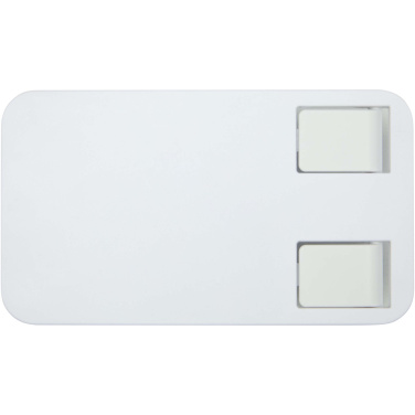 Logotrade Werbeartikel das Foto: Alhena Klappbare Smartphonehalterung aus recyceltem Kunststoff mit Metallständer für den Schreibtisch