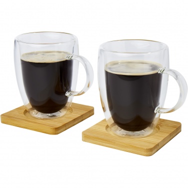 Logo trade promotional giveaways image of: Manti 2-piece 350 ml double-wall glass cup with bamboo coaster 