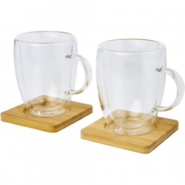 Logo trade advertising products picture of: Manti 2-piece 350 ml double-wall glass cup with bamboo coaster 