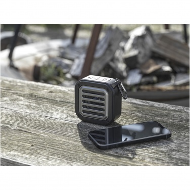 Logotrade promotional merchandise picture of: Solo 3W IPX5 RCS recycled plastic solar Bluetooth® speaker with carabiner 