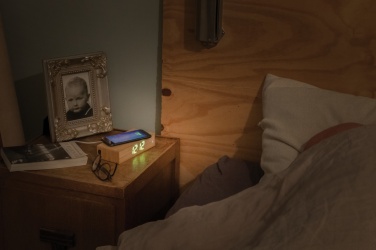 Logo trade promotional items image of: Bamboo alarm clock with 5W wireless charger