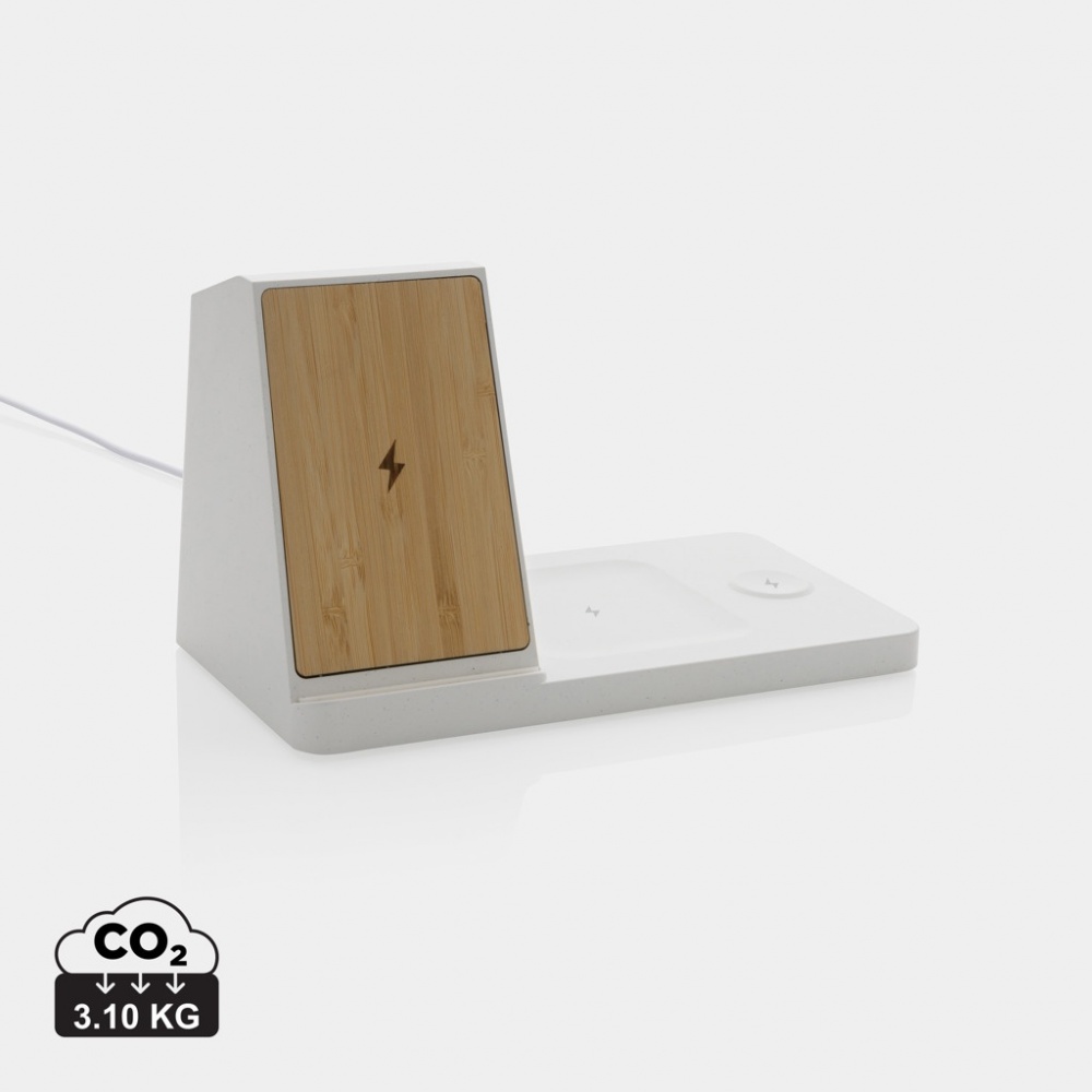 Logo trade promotional products image of: Ontario recycled plastic & bamboo 3-in-1 wireless charger