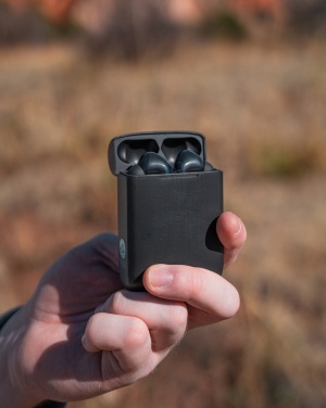 Logo trade promotional items image of: Skywave RCS recycled plastic solar earbuds