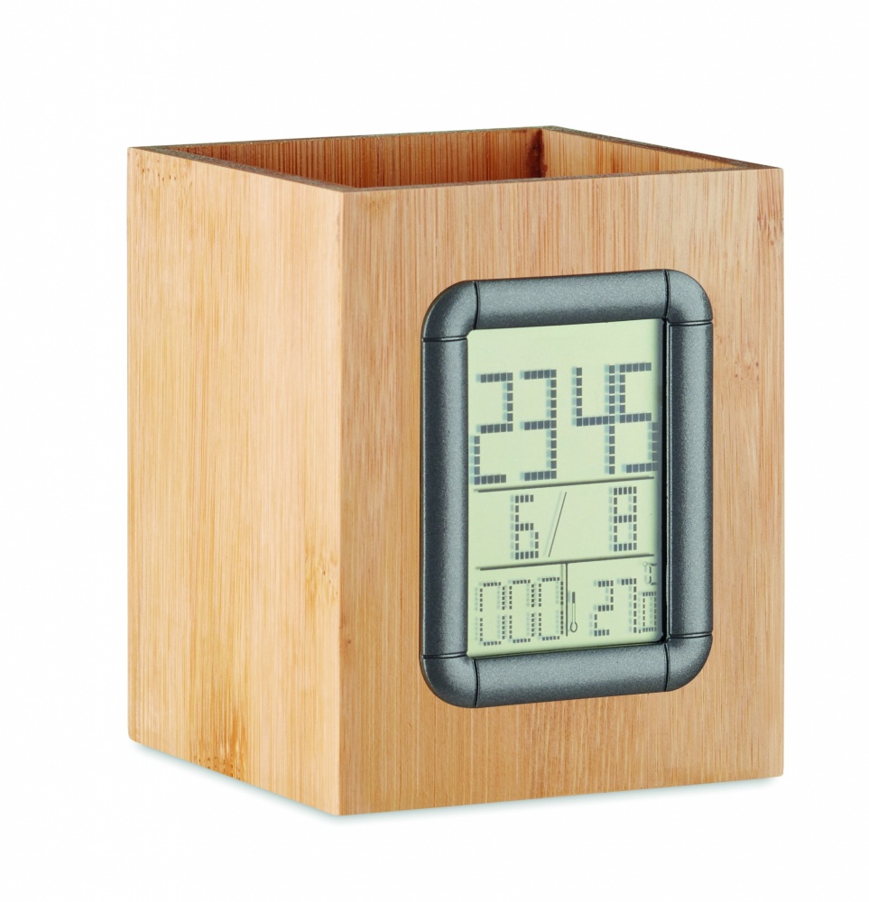 Logo trade promotional gift photo of: Bamboo pen holder and LCD clock