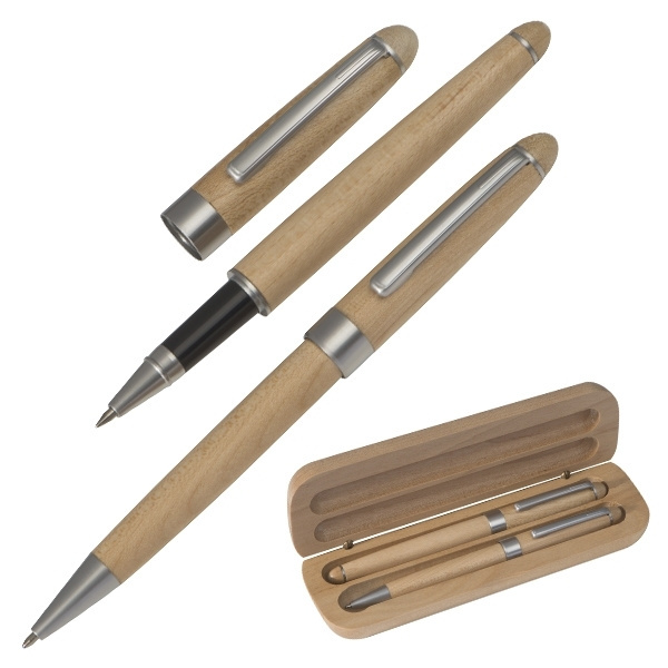 Logo trade promotional gifts picture of: Wooden writing set ballpen and roller INDIANAPOLIS