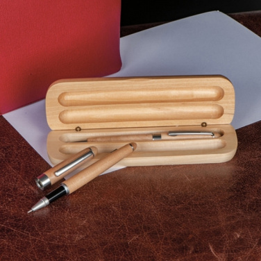 Logo trade promotional merchandise picture of: Wooden writing set ballpen and roller INDIANAPOLIS