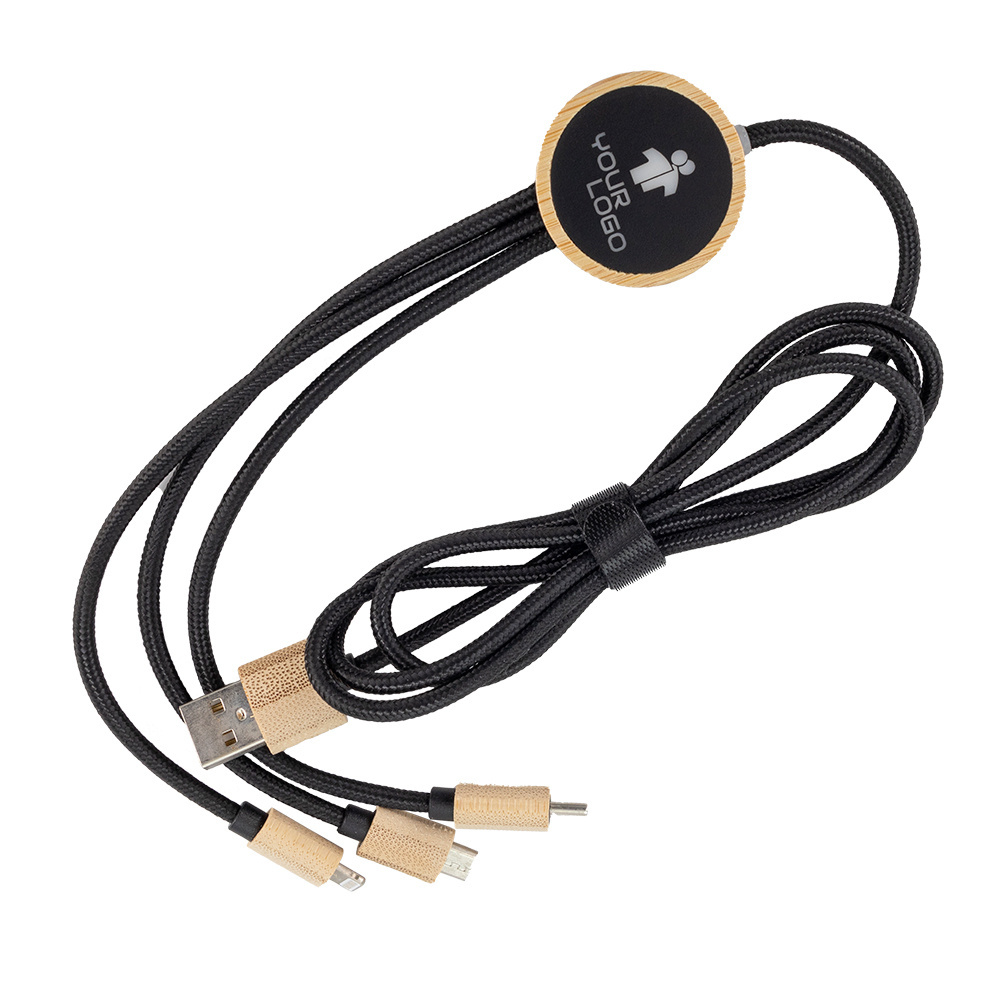 Logo trade corporate gift photo of: 3-in-1 cable with elighted logo in a wooden casing, LH-ZMU06