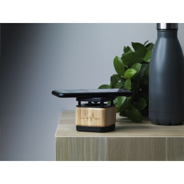 Logo trade promotional merchandise picture of: Bamboo Block Speaker with wireless charger