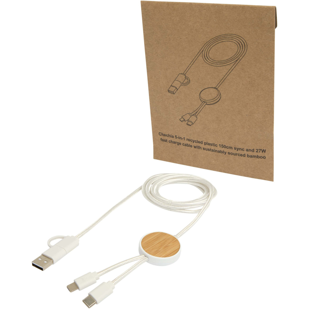 Logo trade promotional gift photo of: Chechia 5-in-1 recycled plastic 150 cm data sync and 27W fast charge cable with bamboo details