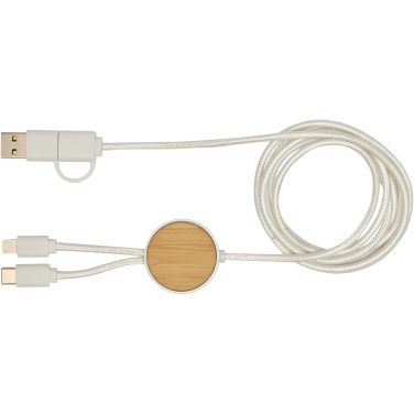Logotrade promotional items photo of: Chechia 5-in-1 recycled plastic 150 cm data sync and 27W fast charge cable with bamboo details
