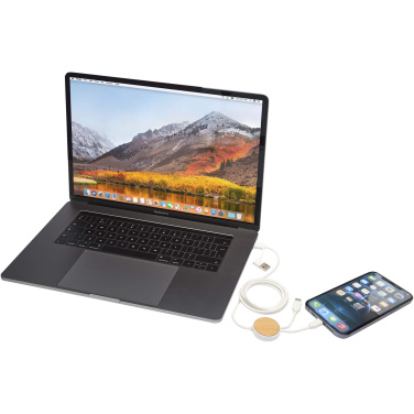 Logo trade promotional merchandise image of: Chechia 5-in-1 recycled plastic 150 cm data sync and 27W fast charge cable with bamboo details